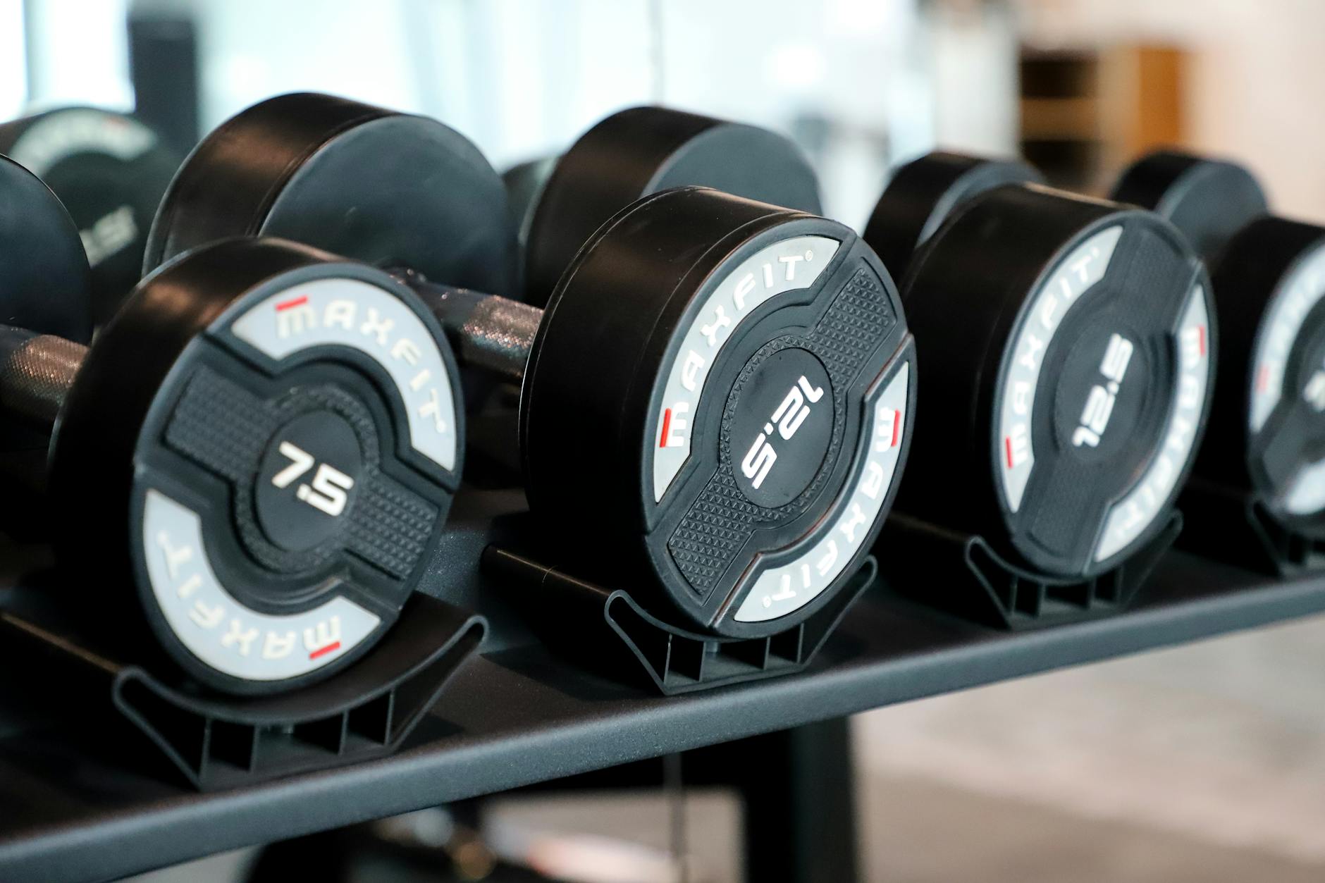 A row of heavy dumbbells in a minimalist gym